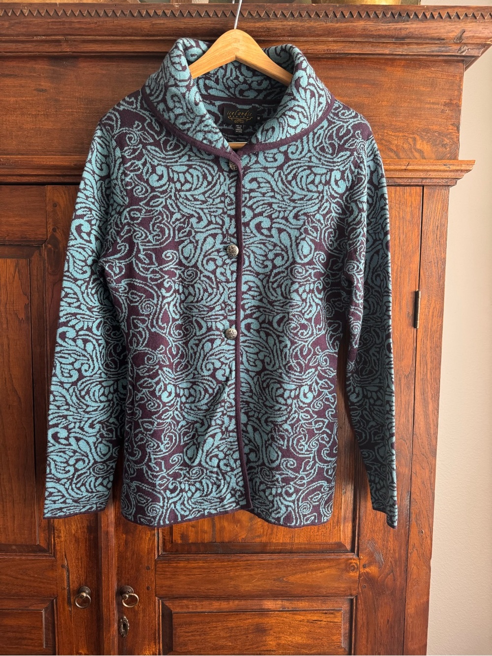 Icelandic Design Wool Blend Cardigan Button Front Shawl Collar